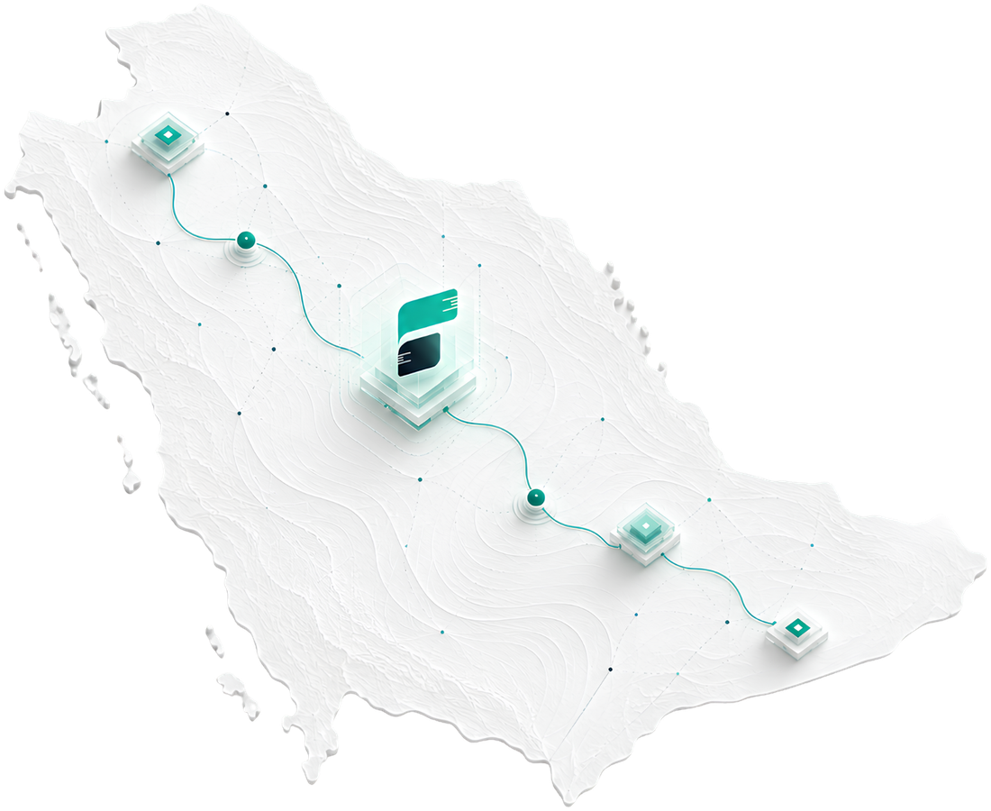 Saudi Arabia rendered as a white limestone block with a teal data route connecting Finny nodes across the Kingdom